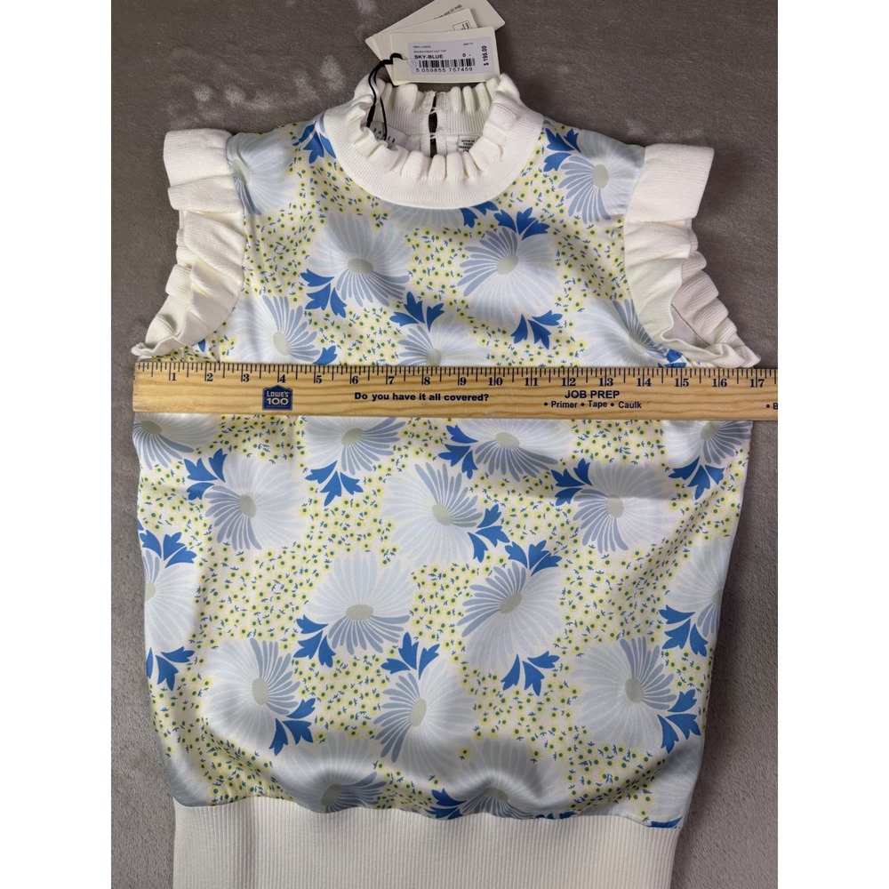 Ted Baker New Luseea Sky Blue Blouse Size 0 Small Woven Knit Top Floral Ruffle - Picture 10 of 12
